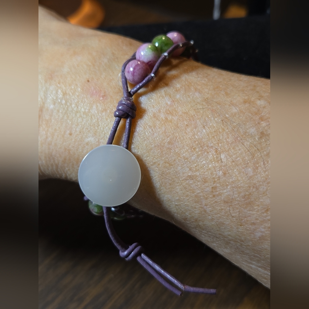 Charming Adjustable Purple Leather Wrapped Bracelet with Pink & Green Beads